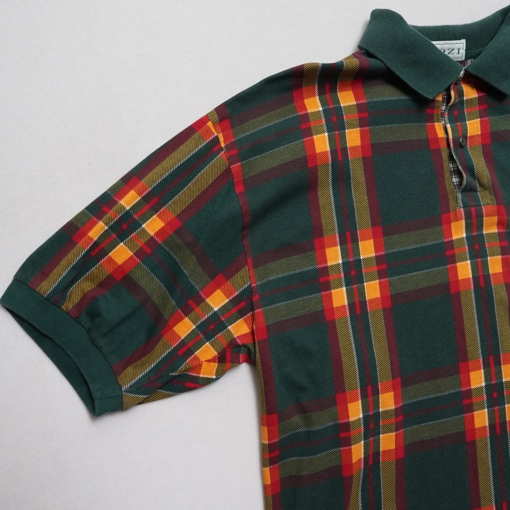 IZOD Plaid Polo Shirt Mens Medium Green Red Yellow Golf Preppy Vintage Style - Picture 7 of 14